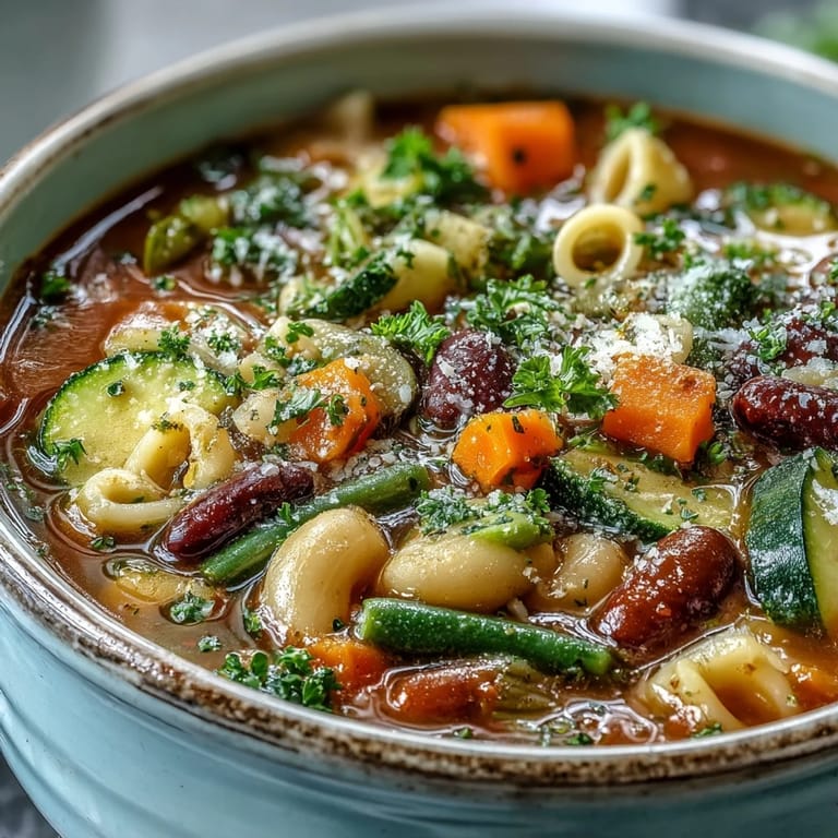 A close-up of vegetarian Minestrone Soup featuring tender vegetables and beans, drizzled with olive oil and freshly grated cheese.