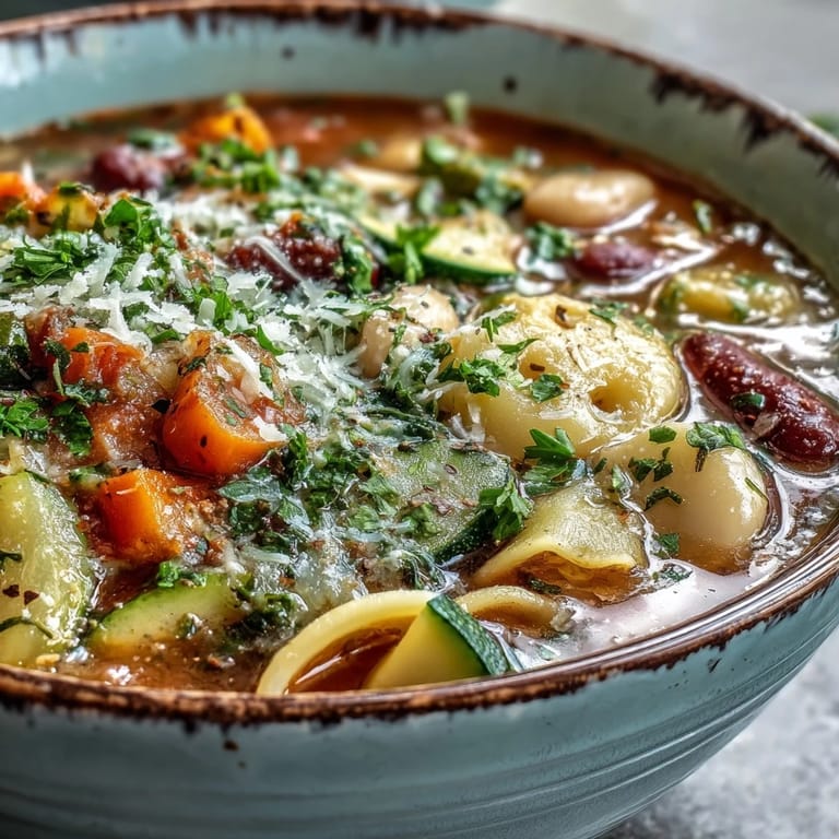 Colorful Minestrone Soup with beans, pasta, and kale in a rich tomato broth, steaming in a white ceramic pot.