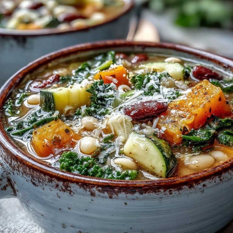 Close-up of Winter Minestrone Soup in a white bowl, garnished with parsley and Parmesan alongside toasted bread.
