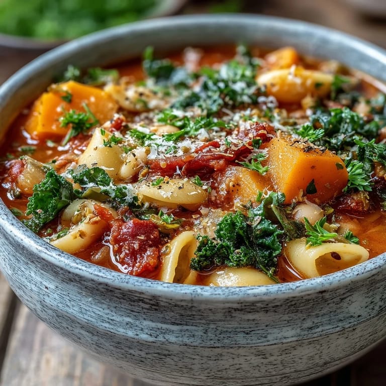 Winter Minestrone Soup With Butternut Squash and Kale simmers in a rustic pot with cannellini beans and pasta.