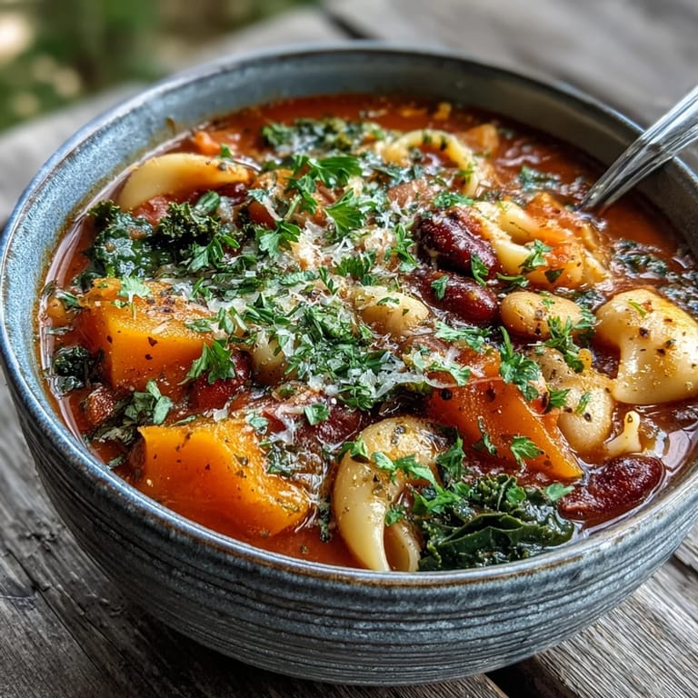 Hearty Winter Minestrone Soup With Butternut Squash and Kale served in a white bowl beside crusty bread.