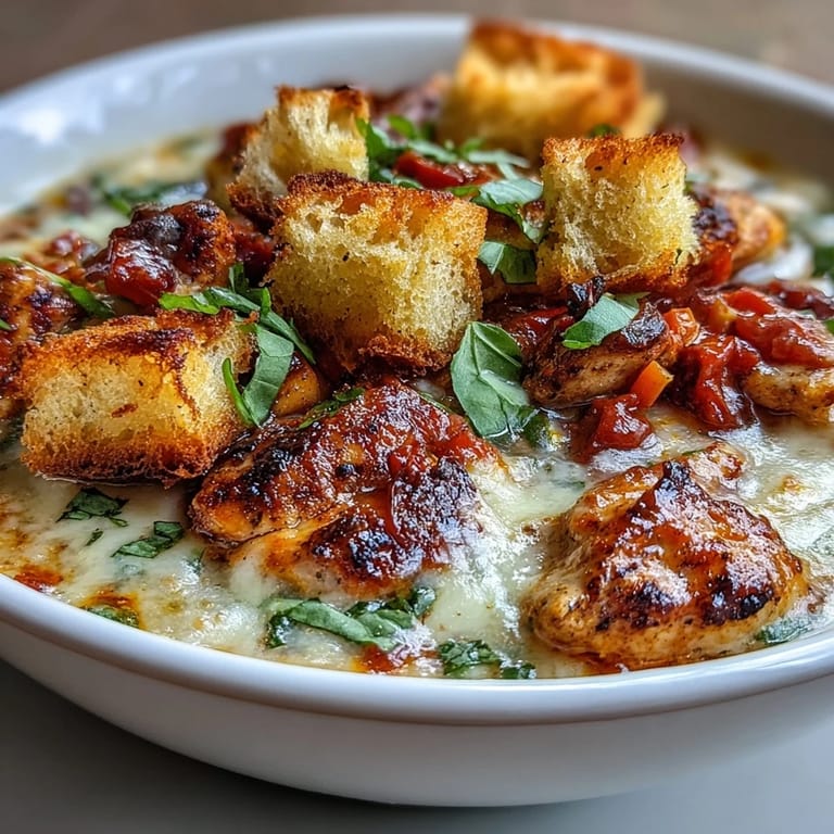 Grilled Chicken Parmesan Soup served in a rustic bowl with herbs and Parmesan cheese.