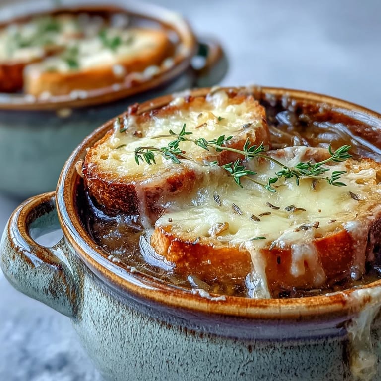 Golden-brown caramelized onions swim in rich broth, topped with crusty bread and bubbling cheese.