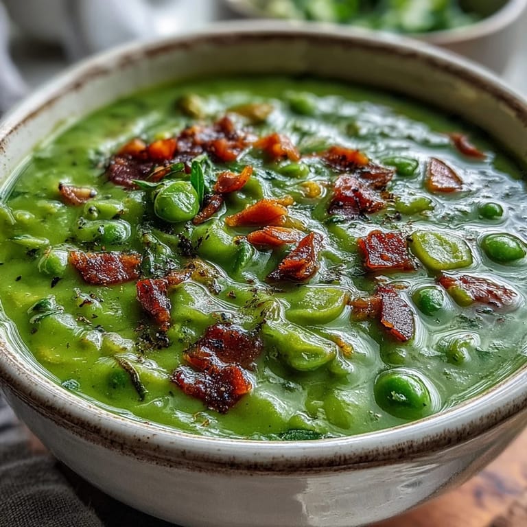 Creamy, thick Split Pea and Ham Soup garnished with fresh thyme and black pepper.