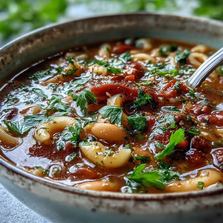 Bowls of vegetarian Minestrone Soup garnished with fresh parsley, served alongside crusty bread for dipping.
