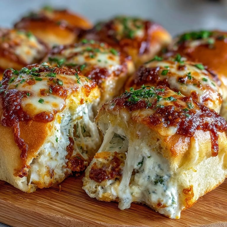 Hot, cheesy Pizza Dip Sliders topped with garlic butter, pulled apart to reveal the saucy Buffalo chicken filling, perfect for game day.