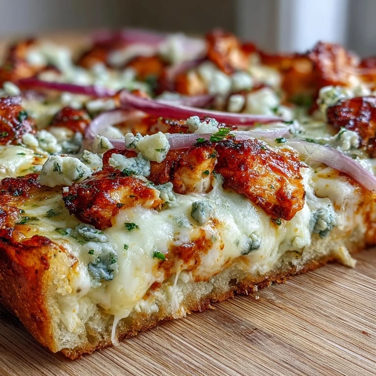 Close-up slice of Buffalo Chicken Pizza showing creamy ranch drizzle, blue cheese crumbles, and a crispy crust, served with celery sticks for a classic pairing.