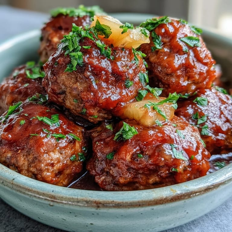 Slow cooker sweet and sour meatballs bubbling in a thick, apricot-based sauce, ready to serve as an easy main dish.
