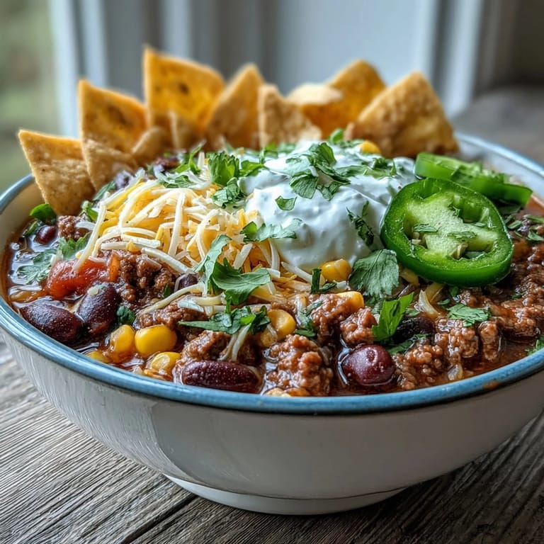 Hearty Taco Soup simmering with ground beef, beans, and corn in a rich, tomato-chili broth.