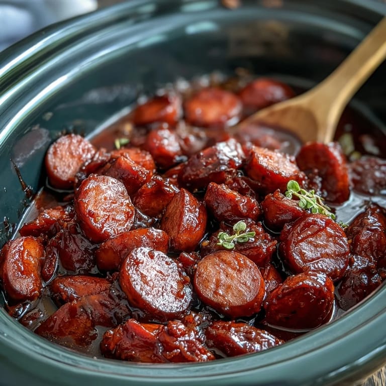 Tender Crock Pot BBQ Cocktail Sausage, sweet apricot-BBQ glaze, ready for snacking.