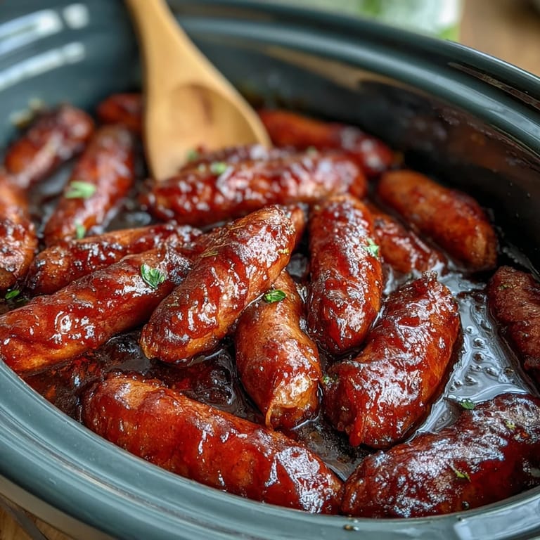 Glistening Crock Pot BBQ Cocktail Sausage bubbling hot, perfect party appetizer.