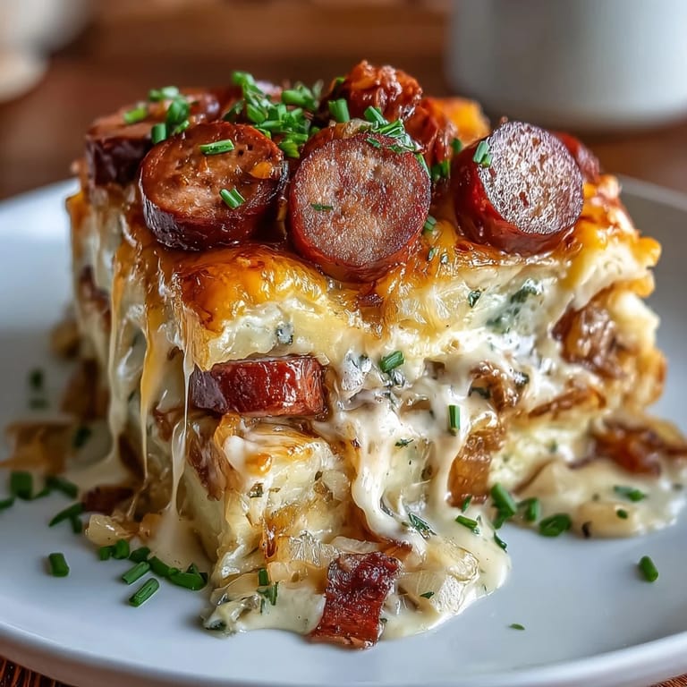 Hearty Crockpot Pierogi Casserole With Kielbasa bubbling with creamy sauce in a white ceramic baking dish.