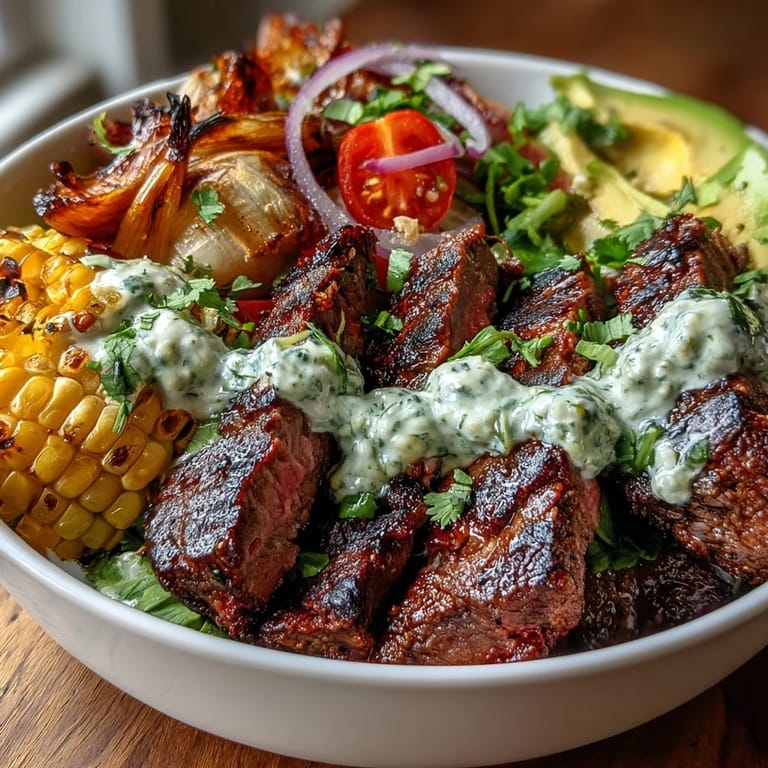 A close-up of the Tex-Mex bowl shows tender flank steak, bright cherry tomatoes, and crumbled Cotija cheese, ready to be drenched in the green sauce.