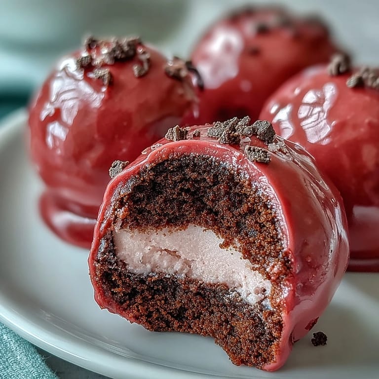 Close-up of a bite-size Oreo truffle with pink shell on a dessert plate, ready to serve chilled.