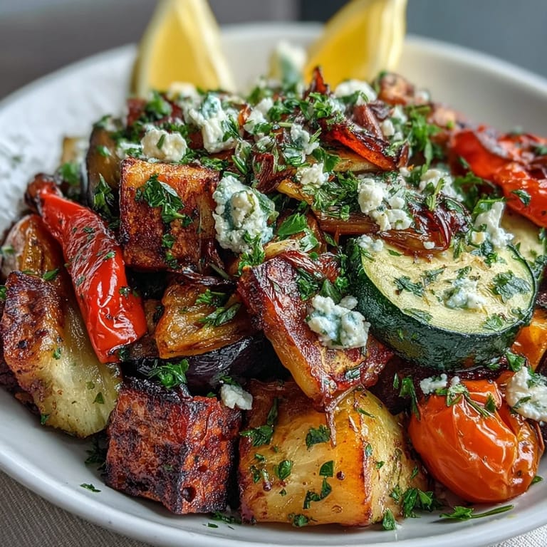 A close-up of Roasted Mediterranean Greek Vegetables topped with crumbled feta, olives, and parsley.