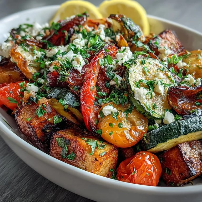 Colorful Roasted Mediterranean Greek Vegetables served warm as a side dish with grilled pita.
