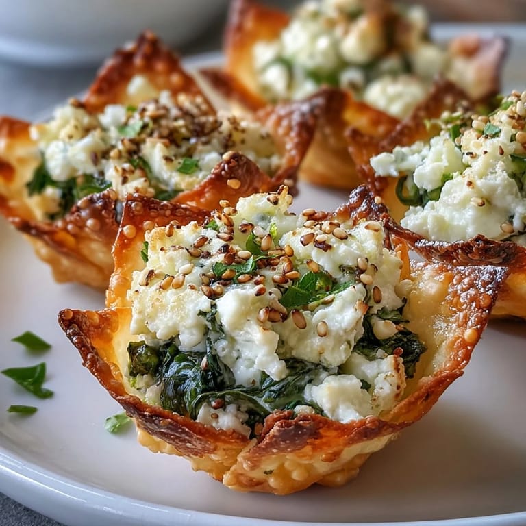 Close-up of Mediterranean Spinach and Feta Cheese Crisps showcasing creamy filling and crispy wonton wrappers.