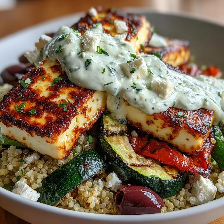 Charred zucchini and bell peppers top nutty quinoa, finished with creamy tzatziki and feta cheese.