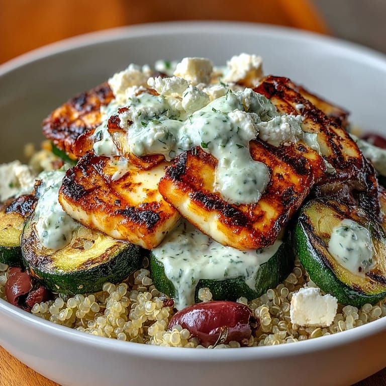 A vibrant serving of Healthy Grilled Mediterranean Bowl features grilled halloumi, olives, and fresh herbs.