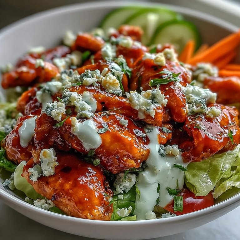 Spicy Buffalo Chicken Bowl featuring saucy chicken, fresh cucumber, red onion, and blue cheese crumbles served with a refreshing side salad.