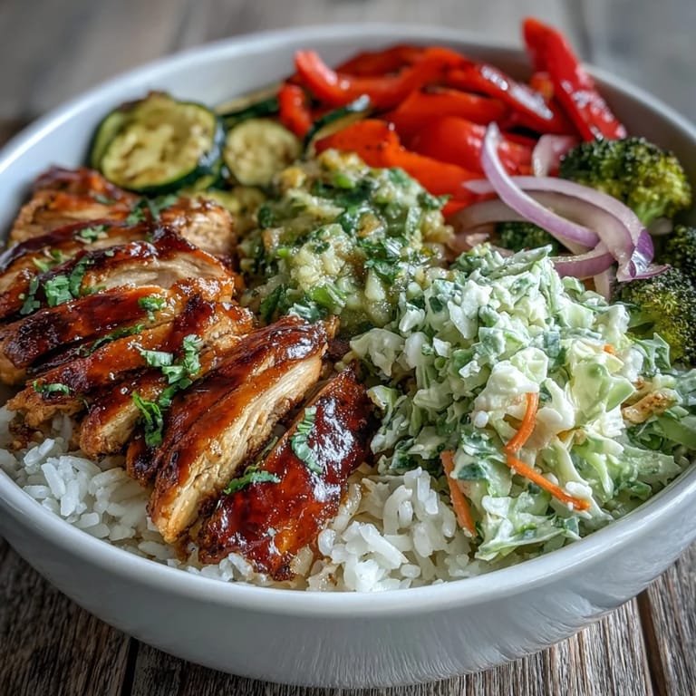 A colorful BBQ Chicken Bowl features tender chicken, fluffy rice, crunchy slaw, and roasted red peppers, zucchini, and broccoli for dinner.