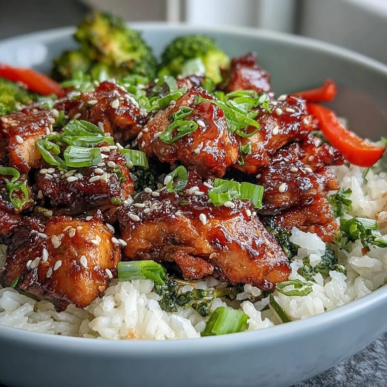 Glazed Honey Garlic Chicken Bowl featuring tender chicken, crisp veggies, and sesame seeds.
