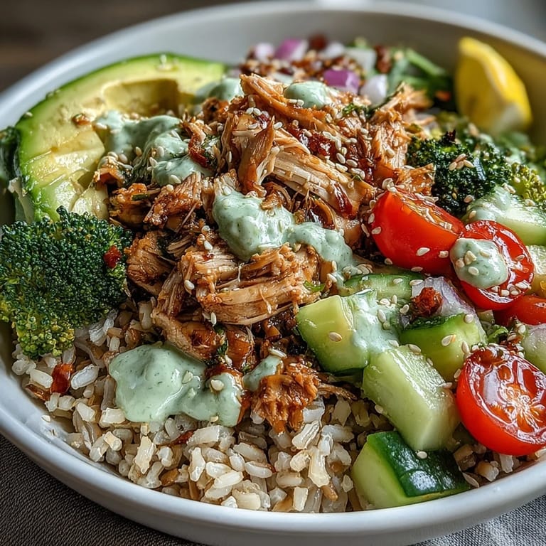 Stacked rotisserie chicken bowl, a quick, healthy meal topped with zesty green goddess dressing.