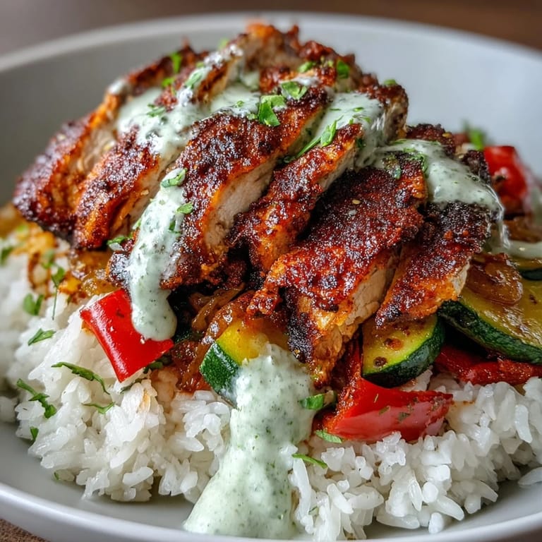 Forkful of tender, spice-crusted blackened chicken paired with sweet bell peppers and onions over grains, finished with a cooling dollop of fresh cilantro-lime crema.