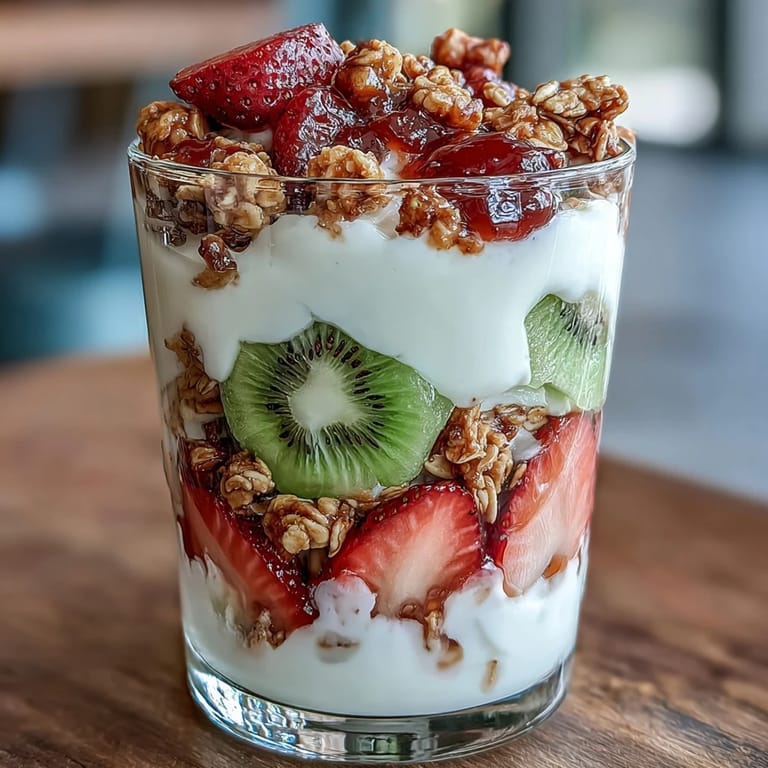 Overhead view of a freshly made Guava-Flavored Yogurt Parfait showing vibrant fruit layers, Greek yogurt, and crumbled granola in a glass, perfect for a healthy breakfast.
