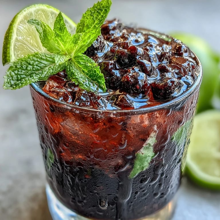 A close-up of the Black Currant Mojito showing vibrant purple hue, muddled mint, and soda water bubbles.