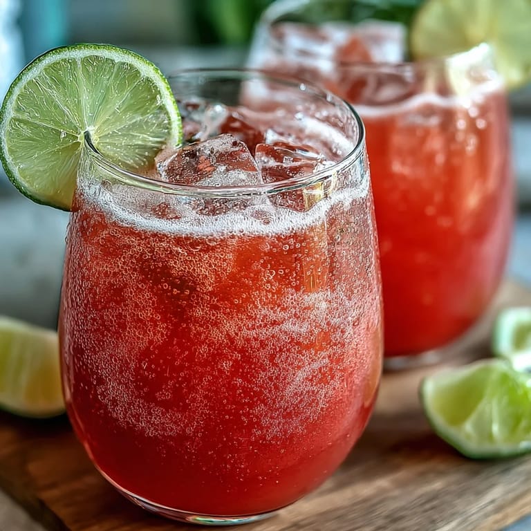 Chilled glasses of tropical guava juice spritzer with sparkling water, prepared in under five minutes and garnished with lime, perfect for a quick, gluten-free refreshment.