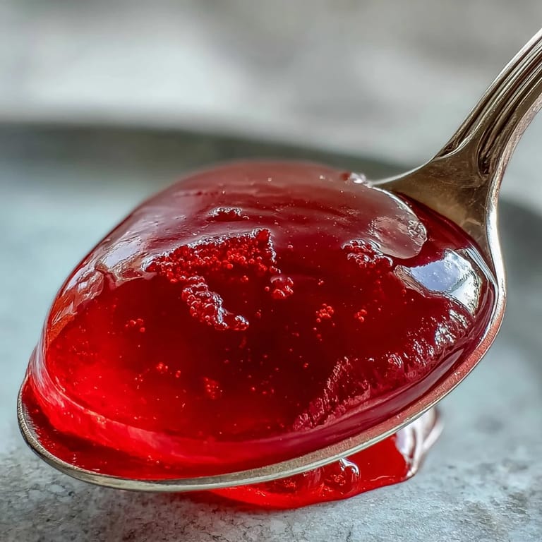 A close-up of pink guava jelly on a spoon, showing its smooth, clear texture just before cooking.