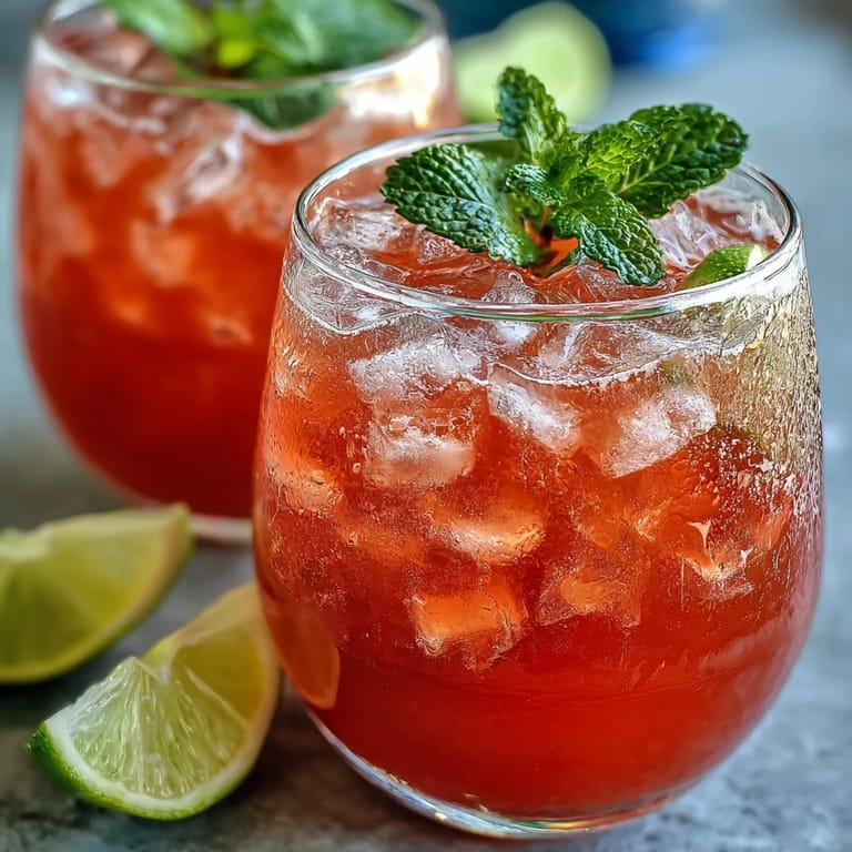 Close-up of a frosted glass of homemade guava nectar drink with a lime wedge on the rim, glistening with condensation.