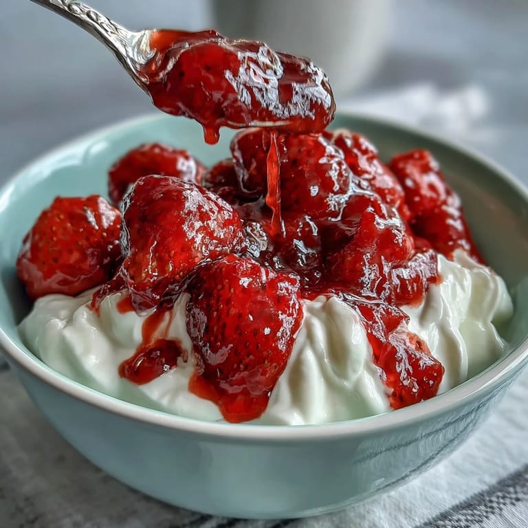 Chilled strawberry compote spooned onto thick Greek yogurt, topped with a drizzle of honey for added sweetness.  