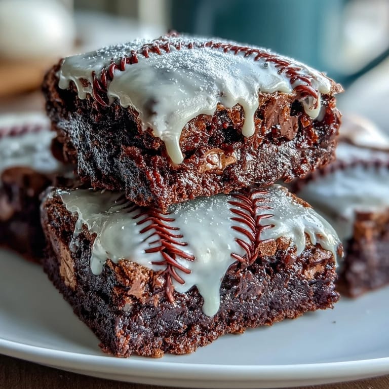 Rich chocolate brownie bites decorated with white icing laces to look like baseballs, a fun treat for sports fans and kids.