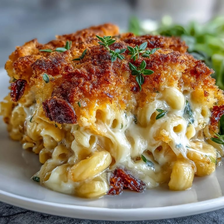 Rich and creamy Southern-style baked mac and cheese with sharp cheddar and panko topping, served hot and comforting from the oven.