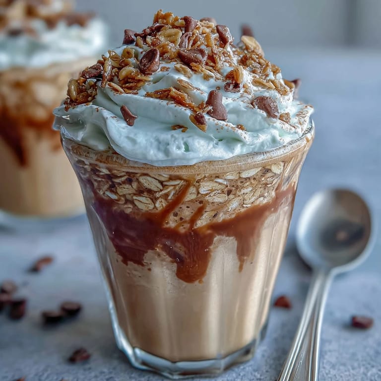 Vanilla Bean Frappuccino-inspired overnight oats with rich coffee flavor, creamy yogurt, and a touch of sweetness in a convenient jar.