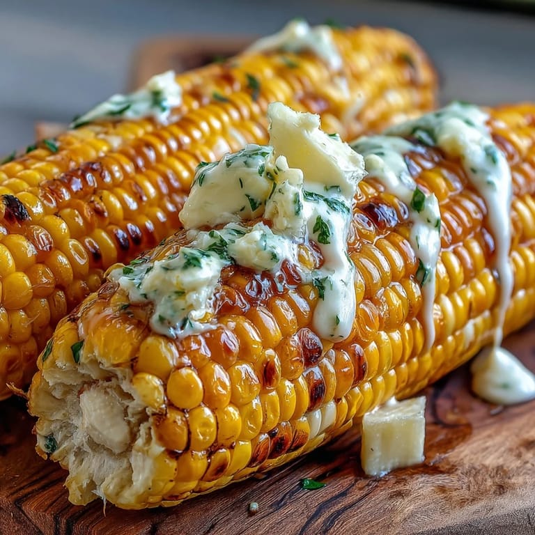 Fresh corn on the cob, hot and sweet, generously coated in creamy garlic butter for a quick, flavorful side.
