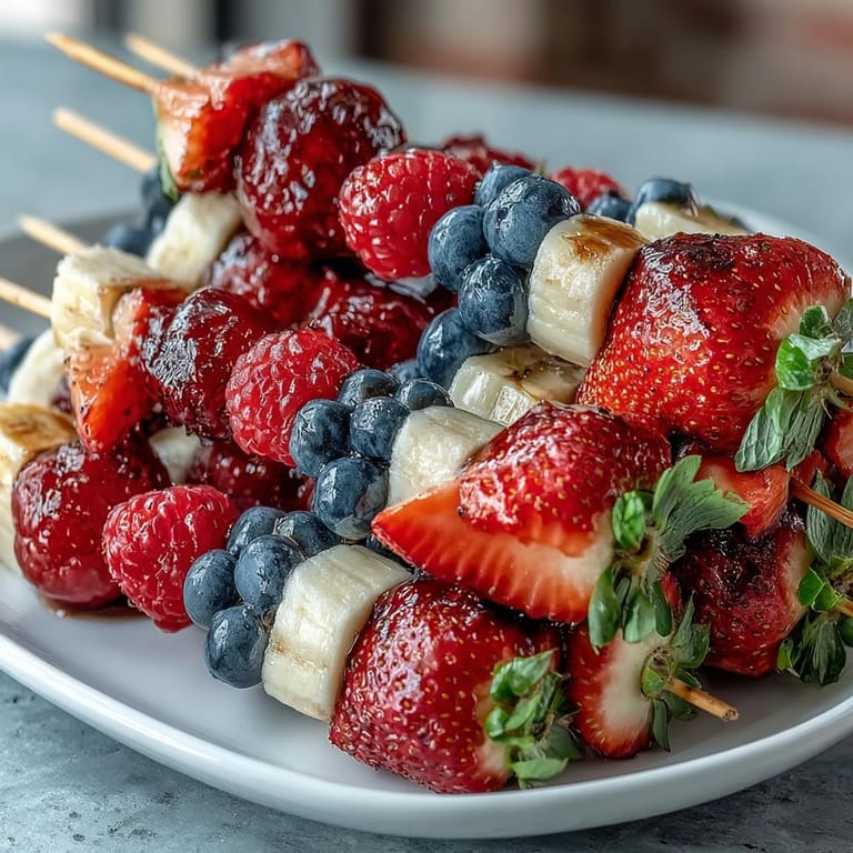 Patriotic red, white, and blue fruit skewers featuring strawberries, bananas, and blueberries—perfect for summer gatherings.