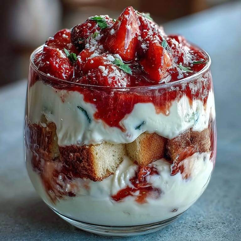 Elegant Mothers Day Strawberry Shortcake Trifle featuring alternating layers of sweet shortcake, macerated strawberries, and rich whipped cream.