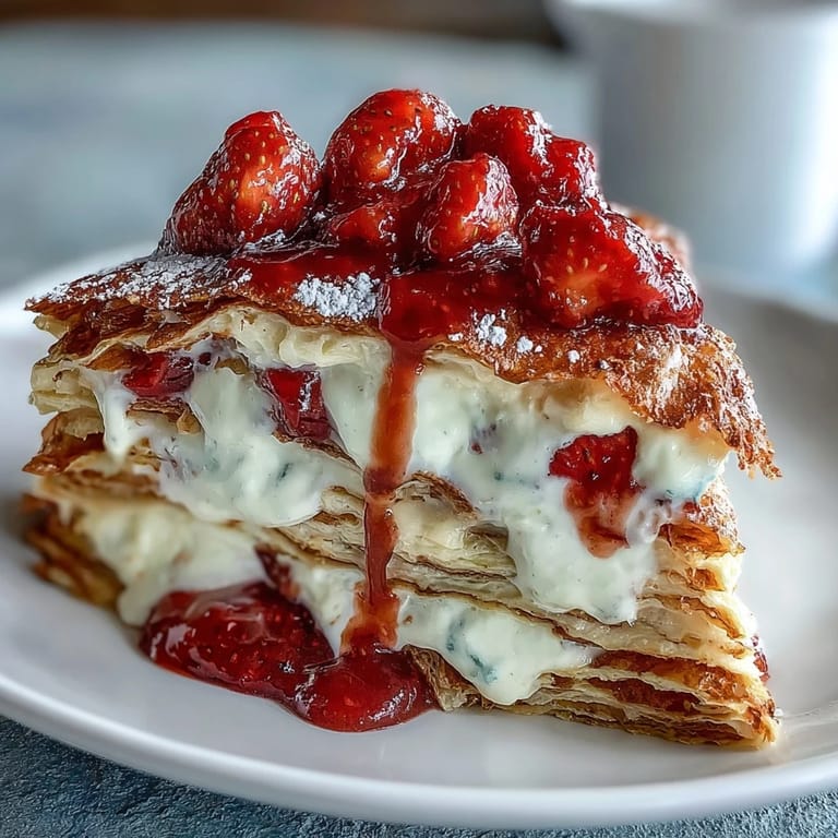Stunning strawberry crepe cake featuring alternating layers of tender crepes, vanilla mascarpone cream, and juicy strawberries.