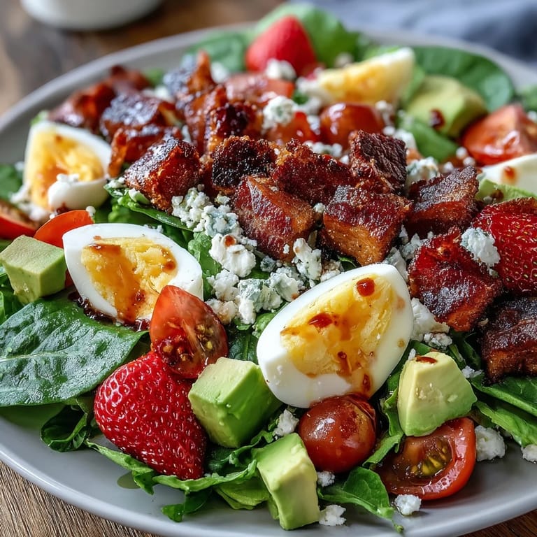 A colorful Spring Cobb Salad with Strawberries and Avocado combines crisp veggies, hard-boiled eggs, and savory bacon for a perfect lunch.