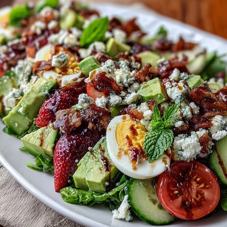 Enjoy a refreshing Spring Cobb Salad with Strawberries and Avocado, topped with feta and a honey-balsamic dressing for a light, satisfying meal.