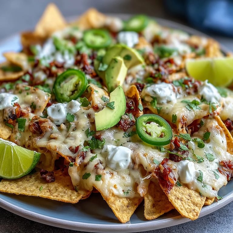 A hearty platter of nachos loaded with creamy cheese sauce, jalapeños, and avocado for the ultimate game day treat.  