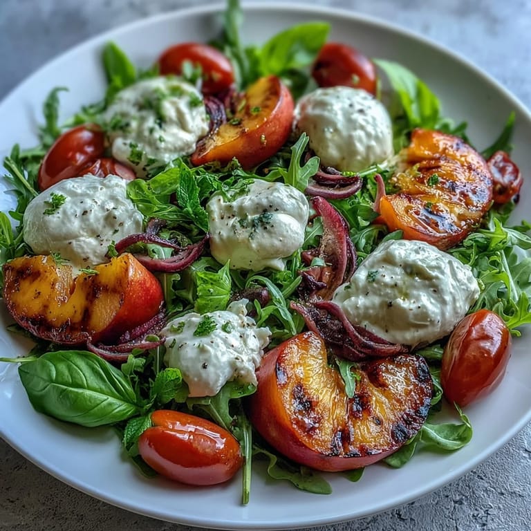 Sweet grilled peaches paired with creamy burrata and peppery arugula create a stunning, flavorful salad drizzled with tangy balsamic reduction.
