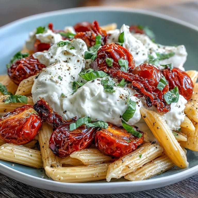 Creamy burrata melting over caprese pasta, fresh basil and juicy tomatoes creating a colorful, inviting summer dish.