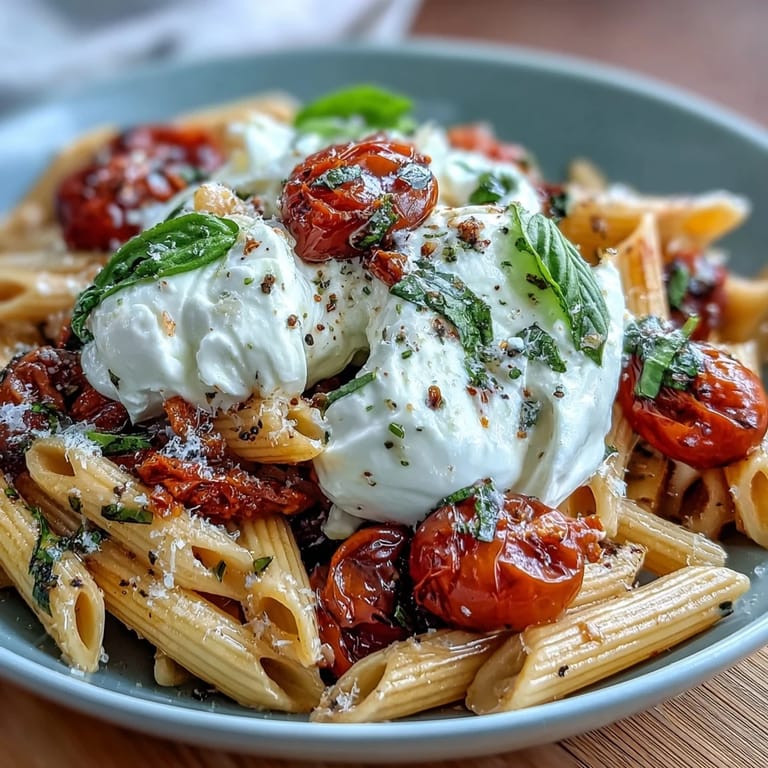 Vibrant caprese pasta with burrata, cherry tomatoes bursting with flavor and fragrant basil leaves scattered throughout.  