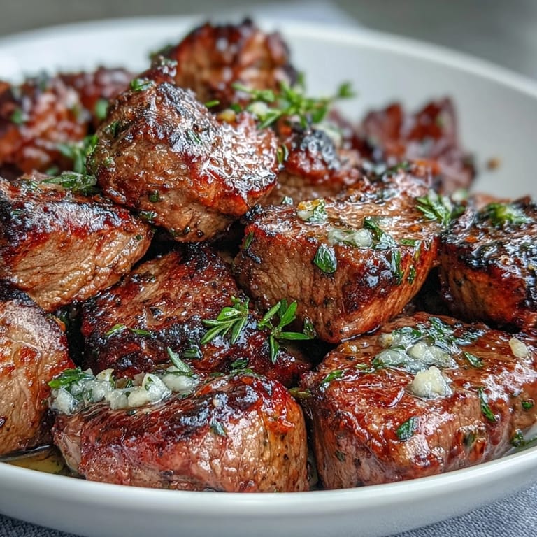 Garlic herb steak bites cooked to perfection, tender and juicy, with a golden crust and aromatic butter sauce.