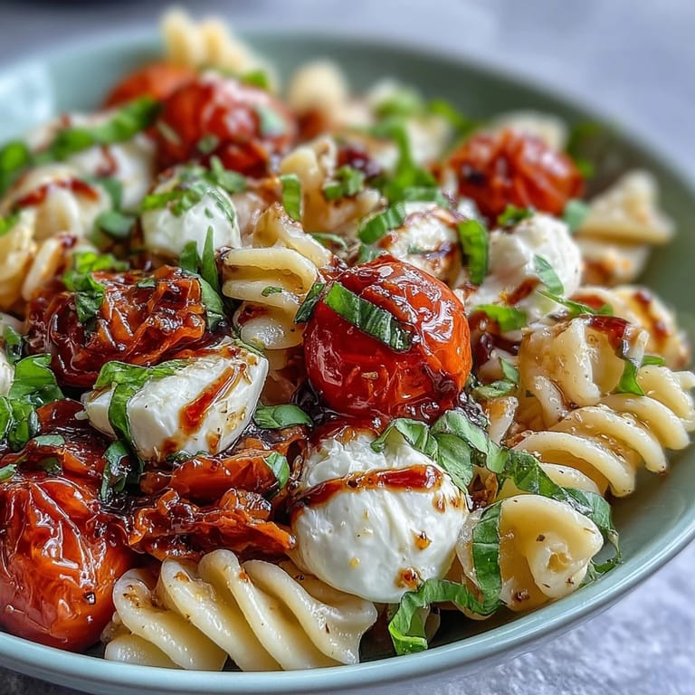 Caprese-inspired pasta salad featuring juicy tomatoes, creamy mozzarella, and fragrant basil, perfect for warm weather gatherings or light meals.