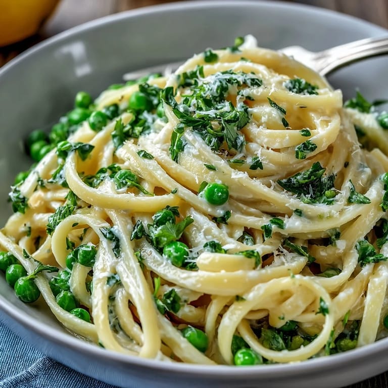 Lemon ricotta linguine with vibrant green peas, al dente pasta coated in a zesty, creamy vegetarian sauce.